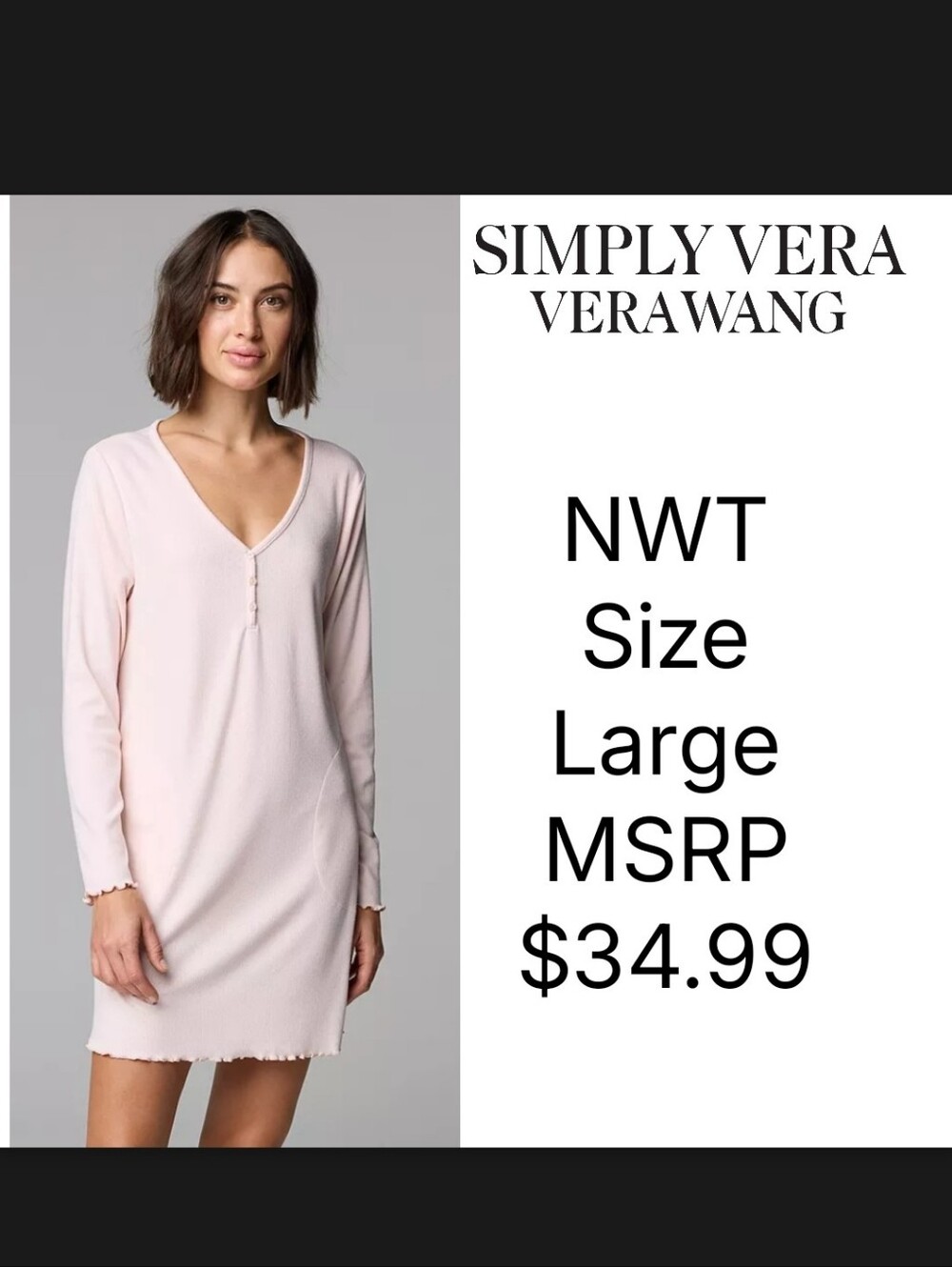 NWT Simply Vera Vera Wang Pointelle Long Sleeve Sleepshirt Size Large Pink Blush